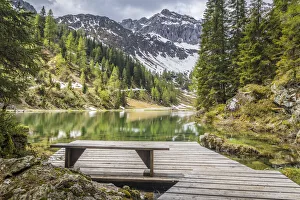 Jetty at Lake Klapfsee (1, 680 m) in Dorfertal valley, Obertilliach, East Tyrol, Tyrol, Austria Jetty at Lake Klapfsee (1, 680 m) in Dorfertal valley, Obertilliach, East Tyrol, Tyrol, Austria