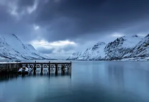 Ersfjordbotn Prints: Jetty and snowy mountains at dusk