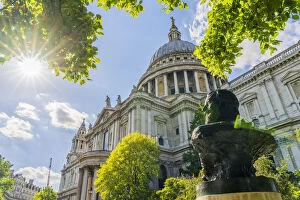 The John Donne Memorial bust by Nigel Boonham and St Pauls cathedral, City of London