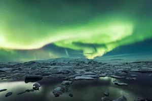 Vatnajokull Prints: Jokulsarlon, East Iceland, Iceland. Northern lights over the glacier lagoon