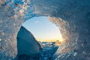 Jokulsarlon, East Iceland, Iceland. Ice formations on the beach at sunrise