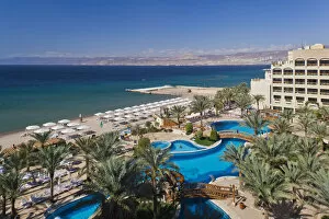Jordan, Aqaba, elevated view of Red Sea and Eilat, Israel from Intercontinental Hotel