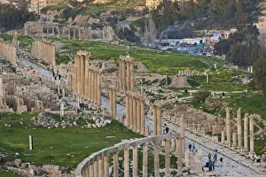 Jordan, Jerash, Roman-era city ruins, overview, late afternoon