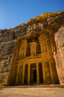 Jordan, Ma an Governorate, Petra. UNESCO World Heritage Site. Stars above Al-Kazneh