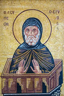 Images Dated 2019 February: Jordan, Madaba Governorate, Madaba. Religious mosaic, depiction of saint inside the