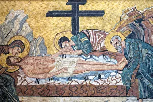 Jordan, Madaba Governorate, Madaba. Religious mosaic, depiction of Jesus inside