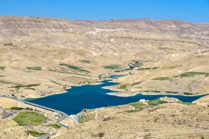 Kingdom Of Jordan Prints: Jordan, Madaba Governorate, Wadi Mujib. Mujib Reservoir and dam along the King s