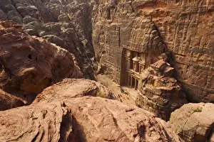 Jordan, Petra-Wadi Musa, Ancient Nabatean City of Petra, elevated view of the Treasury