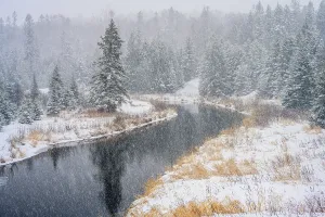 Fresh Water Prints: Junction Creek in early winter with falling snow, Greater Sudbury, Ontario, Canada