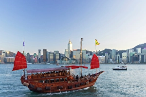 Aqua Luna Prints: Junk boat and skyline of Hong Kong Island, Wan Chai, Hong Kong Island, Hong Kong