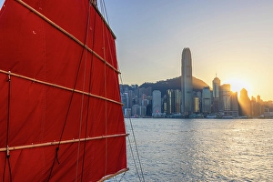 Aqua Luna Prints: Junk boat and skyline of Hong Kong Island, Hong Kong