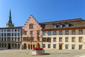 Bienne Prints: Justice fountain on Burgplatz with City Theater, Biel, Bern, Switzerland