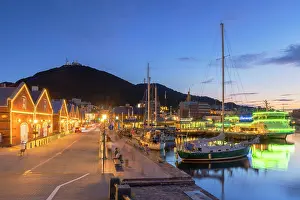 Red Brick Building Prints: Kanemori Red Brick Warehouse District at dusk, Hakodate, Hokkaido, Japan