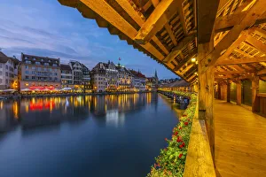 Luzern Prints: Kapellbr√ºcke and city illuminated at dusk, Luzern, Canton Luzern, Switzerland