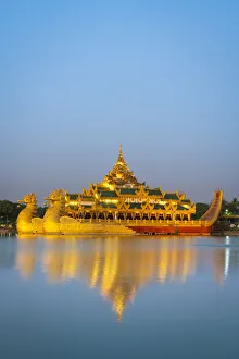 Barges Prints: Karaweik Palace on Kandawgyi Lake at dusk, Yangon, Yangon Region, Myanmar