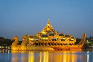 Barges Prints: Karaweik Palace on Kandawgyi Lake at night, Yangon, Yangon Region, Myanmar, Yangon