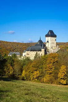 Karlstejn Castle against blue sky, Karlstejn, Beroun District, Central Bohemian Region, Czech Republic