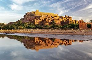 Ouarzazate Prints: Kasbah Ait Ben Haddou reflecting in river, near Ouarzazate, Morocco