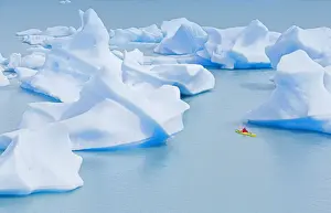 Kayak Prints: Kayaker near icebergs, Lago Gray (Lake Gray) (Lake Grey), Torres del Paine National Park