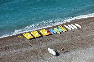 Salerno Province Prints: Kayakjs and peddle boats on the beach, Amalfi Coast, Salerno Province, Campania, Italy