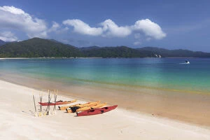 Images Dated 23rd January 2020: Three kayaks on the beach at Awaroa Inlet along the Abel Tasman national park
