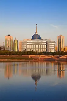 Early Morning Prints: Kazakhstan, Astana, City skyline reflecting in Isahim River