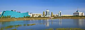 Kazakhstan, Astana, City skyline reflecting in Isahim River