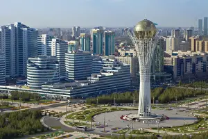 Kazakhstan, Astana, View of City Center looking towards the Bayterek Tower