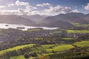 Keswick and Derwent Water on a bright autumnal afternoon, Lake District, Cumbria, England