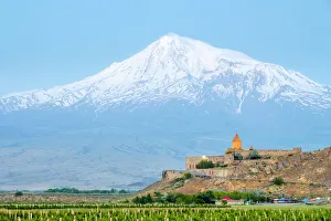 Khor Virap monastery and Mount Ararat at sunrise, near Lusarat, Ararat Province, Armenia