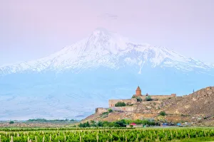 Khor Virap monastery and Mount Ararat at sunrise, near Lusarat, Ararat Province, Armenia