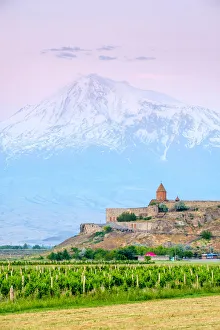 Khor Virap monastery and Mount Ararat at sunrise, near Lusarat, Ararat Province, Armenia