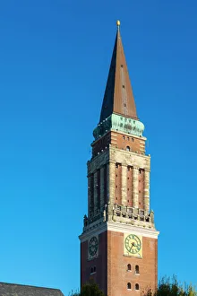 Kiel Prints: Detail of Kiel Town Hall Tower against clear sky, Kiel, Schleswig-Holstein, Germany