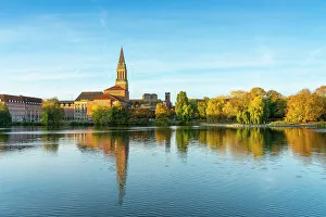 Opera House Gallery: Kiel Town Hall Tower and Kiel Opera House over Kleiner Kiel Lake in autumn at sunrise, Kiel