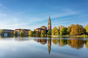 Images Dated 3rd January 2023: Kiel Town Hall Tower and Kiel Opera House over Kleiner Kiel Lake in autumn, Kiel