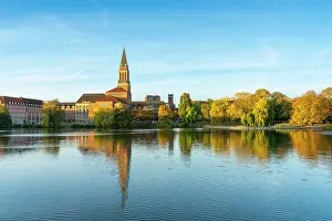 Opera House Prints: Kiel Town Hall Tower and Kiel Opera House over Kleiner Kiel Lake in autumn at sunrise