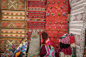 Stall Prints: Kilms for sale at shop in medina (old city), Essaouira, Morocco