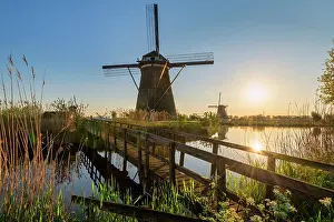 Footbridge Prints: Kinderdijk at Sunrise, Holland, Netherlands