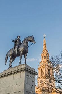 Images Dated 31st March 2020: King George IV statue and St Martin in the Fields church in Trafalgar Square, London