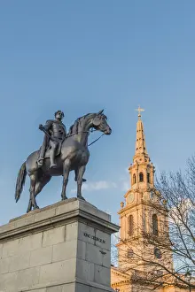 St Martins In The Fields Prints: King George IV statue and St Martin in the Fields church in Trafalgar Square, London