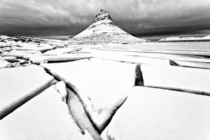 Kirkjufell Prints: Kirkjufell (Church Mountain) in winter with broken lake ice
