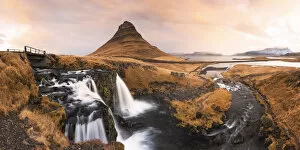 Waterfalls Collection: Kirkjufell mount and waterfall during a winter sunrise, Snaefells Peninsula, Vesturland, Iceland