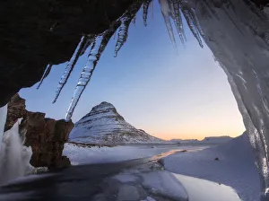 Kirkjufell Prints: Kirkjufell mountain in winter at sunrise, Snaefellsnes Peninsula, Iceland