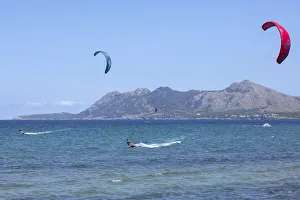 Pollenca Prints: Kite surfing Pollenca, Serra de Tramuntana, Mallorca, Balearic Islands, Spain
