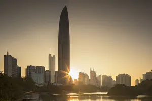 KK100 (KingKey 100) skyscraper and Lizhi Park at dawn, Shenzhen, Guangdong, China