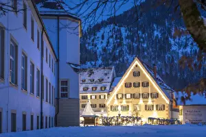 Klosterbraeu inn at the Benedictine Abbey Ettal at the blue hour, Ettal, Upper Bavaria