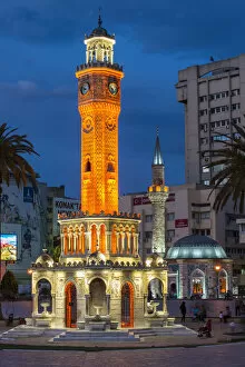 Konak Square with the clock tower and Shore Mosque at dusk, Konak Square, Izmir, Turkey