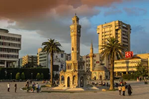 Konak Square with the clock tower and Shore Mosque at sunset, Konak Square, Izmir, Turkey