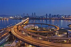 City View Collection: Korea, Seoul, Tukseom, Traffic on Cheongdam On-Ramp and Cheongdam bridge, over Hangang