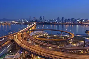 Traffic Prints: Korea, Seoul, Tukseom, Traffic on Cheongdam On-Ramp and Cheongdam bridge, over Hangang